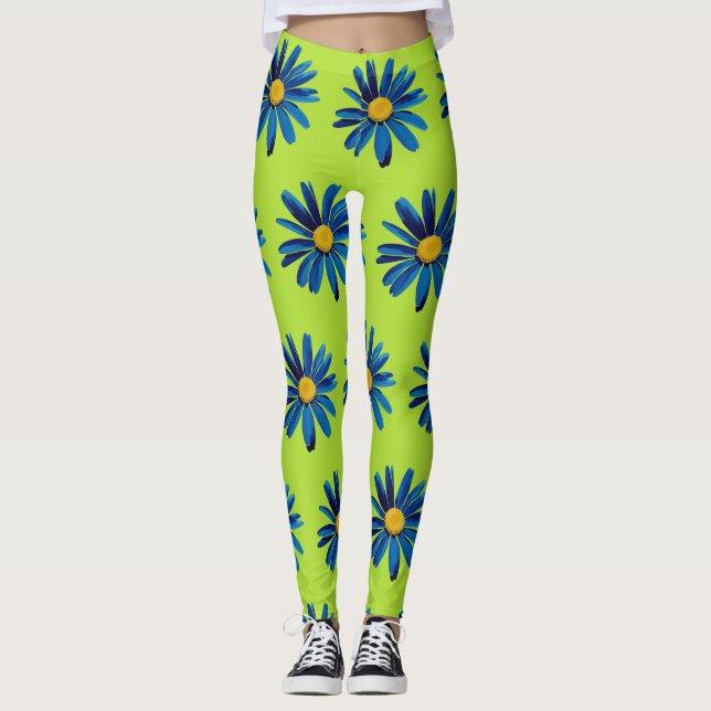 Lime Green & Blue Daisies Pop Art Leggings (Vorderseite)