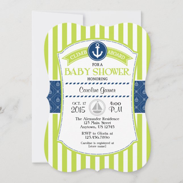 Lime Green Blue Nautical Baby Shower Einladung (Vorderseite)