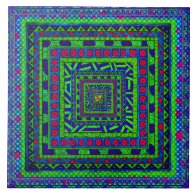 Lime Green Blue Red Aztec Tribal Squares Muster Fliese (Vorderseite)