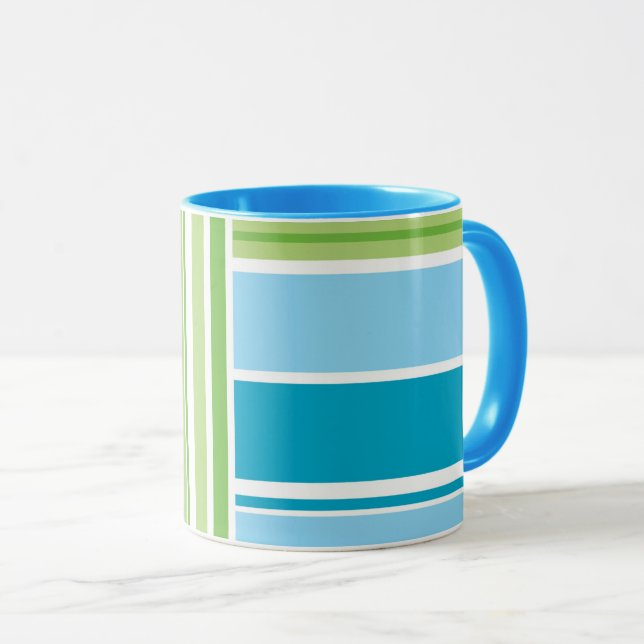 Lime Green Blue Strip Retro Muster Tasse (VorderseiteRechts)