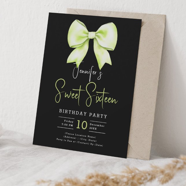 Lime Green Bow Coquette Script Sweet 16 Black Einladung (Lime Green Bow Coquette Script Sweet 16 Black Invitation)