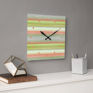 Lime Green Coral Orange Wasserfarbe Streifen Muste Quadratische Wanduhr