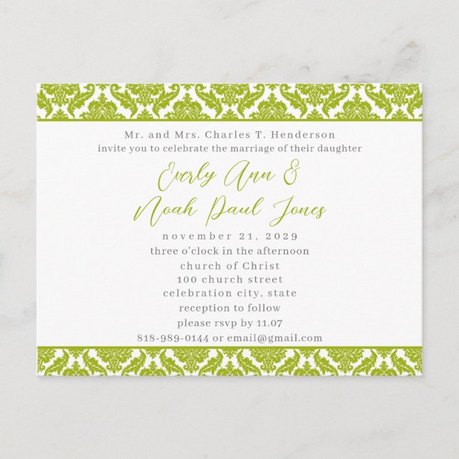Lime Green Damask auf der Einladung zur White Wedd (Vorderseite)