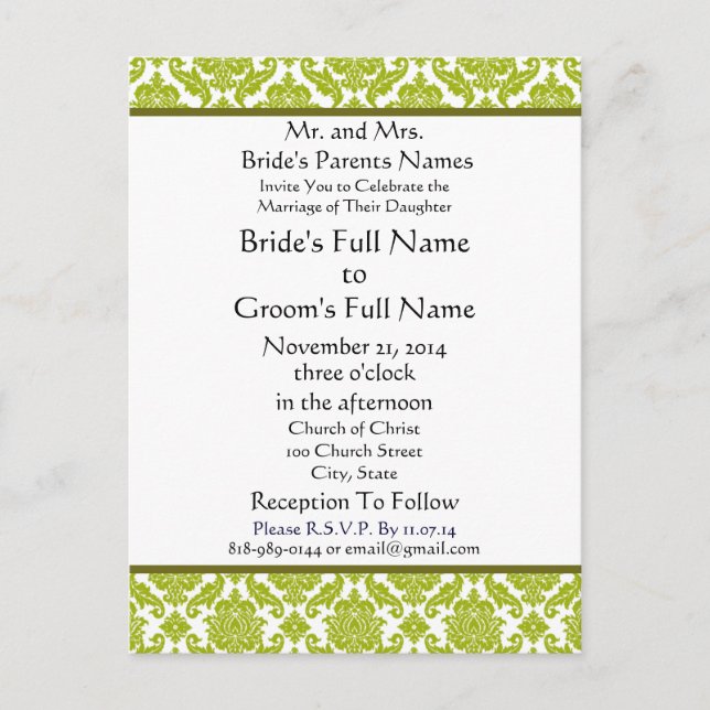 Lime Green Damask auf der Einladung zur White Wedd (Vorderseite)