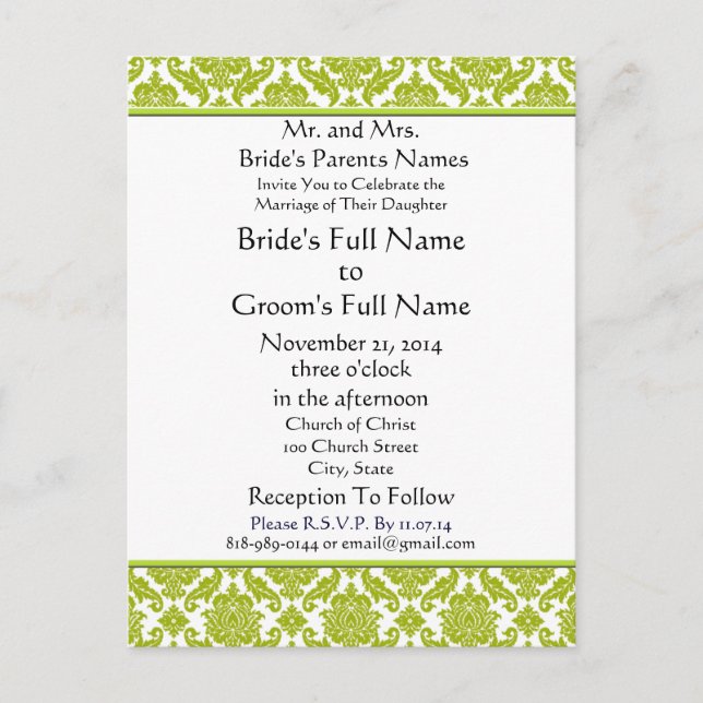Lime Green Damask auf der Einladung zur White Wedd (Vorderseite)