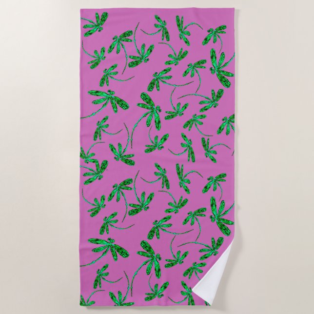 Lime Green Dragonfly Frenzy Beach Handtuch (Vorderseite)
