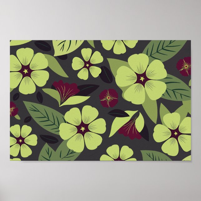 Lime Green Floral auf dunkelgrauem Hintergrund Poster (Vorne)