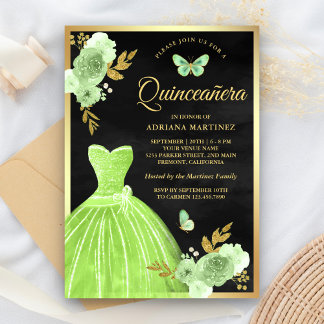 Lime Green Floral Butterfly Black Gold Quinceanera Einladung