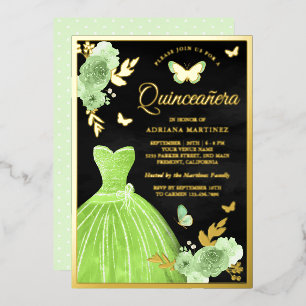 Lime Green Floral Butterfly Black Quinceanera Gold Folieneinladung