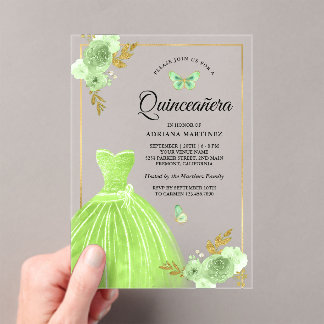 Lime Green Floral Dress Butterfly Gold Quinceanera Acryleinladungen