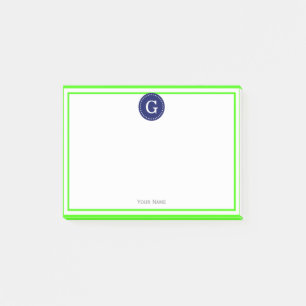 Lime Green Gerahmt Round Navy 1I Monogram Post-it Klebezettel
