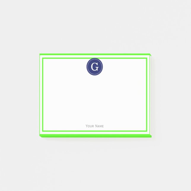Lime Green Gerahmt Round Navy 1I Monogram Post-it Klebezettel (Vorderseite)