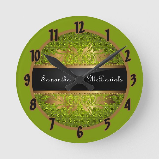 Lime Green Glitzer Sequin Disco Personalisierte Uh Runde Wanduhr (Vorderseite)