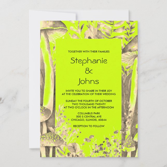 Lime Green Gold Brown Mushrooms Woodland Wedding Einladung (Vorderseite)