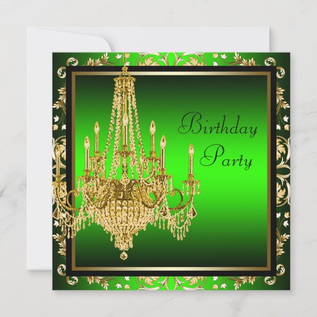 Lime Green Gold Damask Candelier Birthday Party Einladung (Vorderseite)
