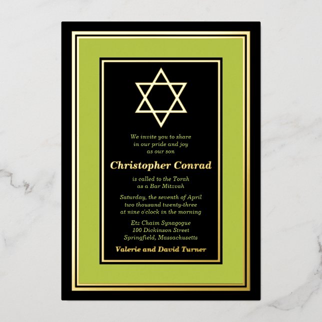 Lime Green Gold Foil Star von David Bar Mitzvah Folieneinladung (Vorderseite)
