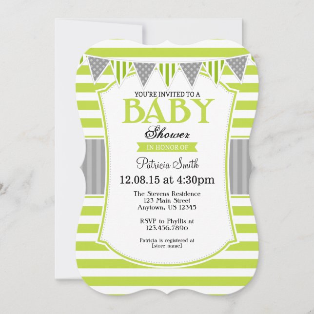 Lime Green Gray Stripes Kinderdusche Einladung (Vorderseite)