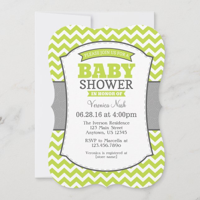 Lime Green Gray Zickzack Baby Shower Einladung (Vorderseite)