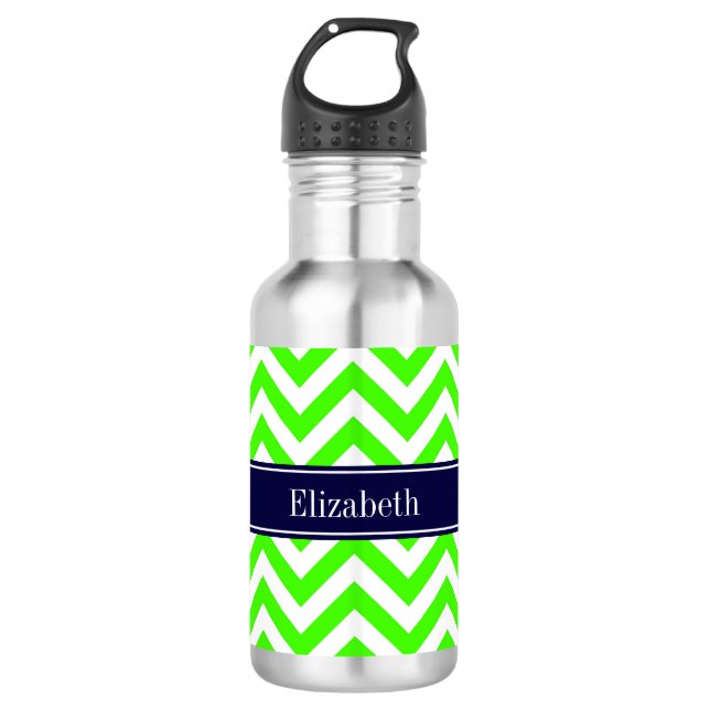 Lime Green LG Zickzack Navy Blue Name Monogram Trinkflasche (Vorderseite)