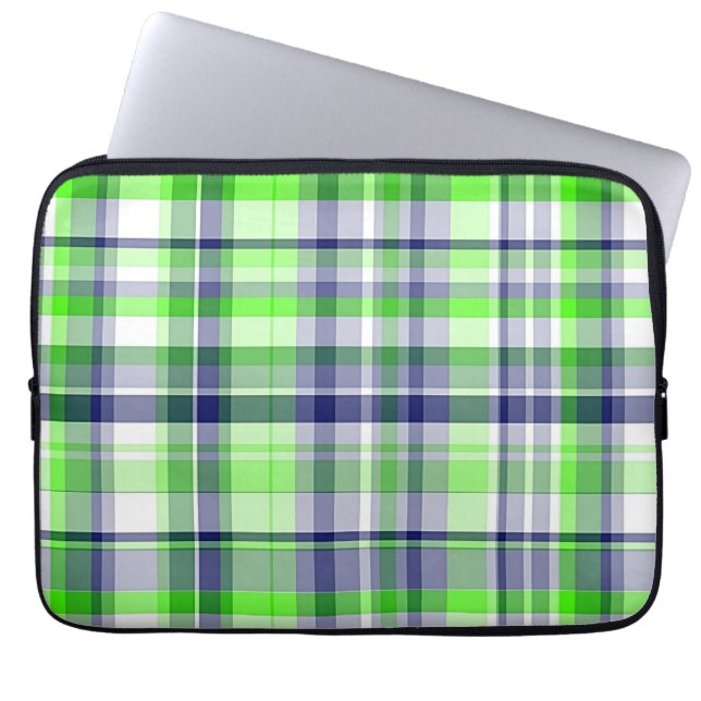 Lime Green, Navy Blue, White Preppy Madras Kariert Laptopschutzhülle (Vorderseite)