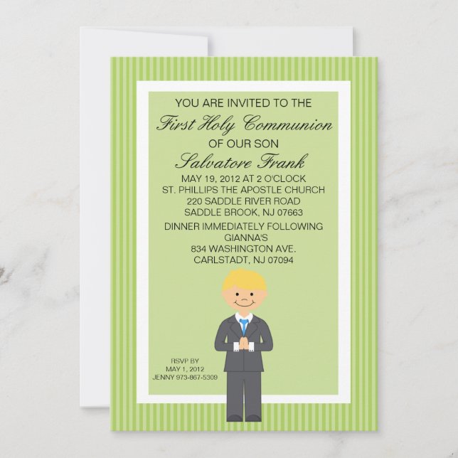 Lime Green Niedlich First Communion Boy Einladung (Vorderseite)