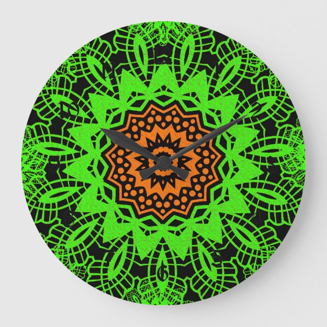 Lime Green Orange Black Lace Doily Mandala Snowfla Große Wanduhr (Vorderseite)