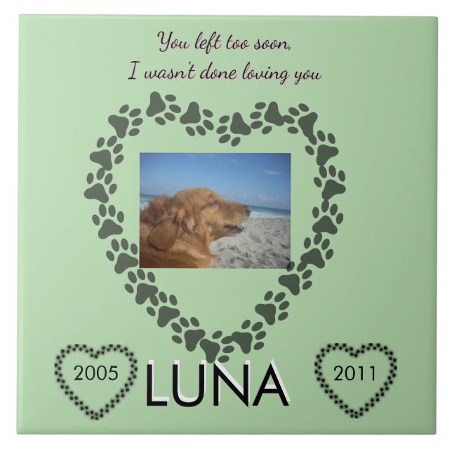 Lime Green Pawprint Heart Memorial Fliese (Vorderseite)