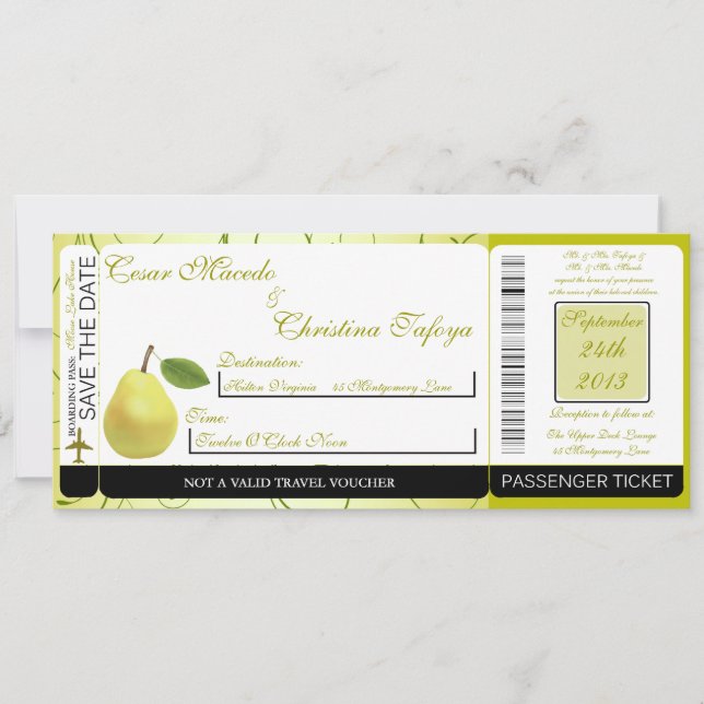 Lime Green Pear Boarding Pass Hochzeit Einladung (Vorderseite)