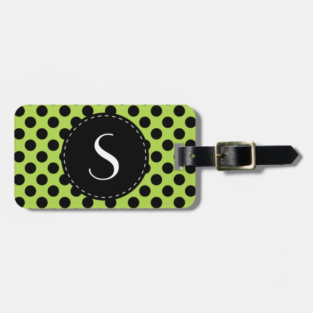 Lime Green Polka Dot Monogram Personalisiert Gepäckanhänger (Vorderseite horizontal)