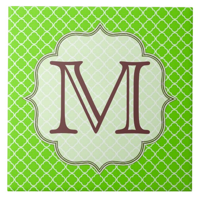 Lime Green Quarterfoil Latti Monogram Display Tile Fliese (Vorderseite)