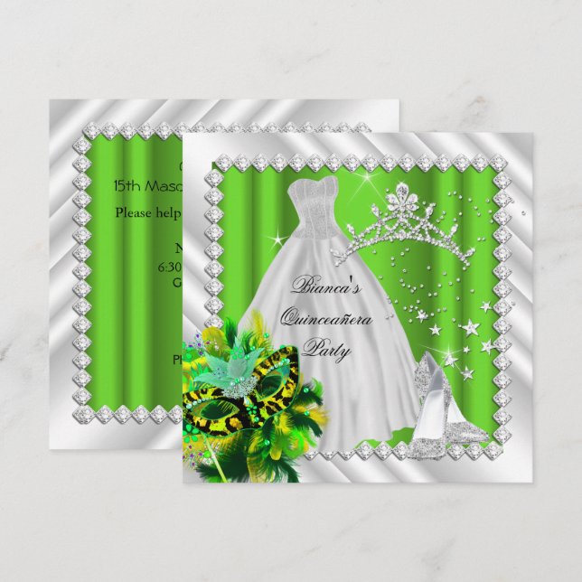 Lime Green Quinceanera 15. Masquerade Party Einladung (Vorne/Hinten)