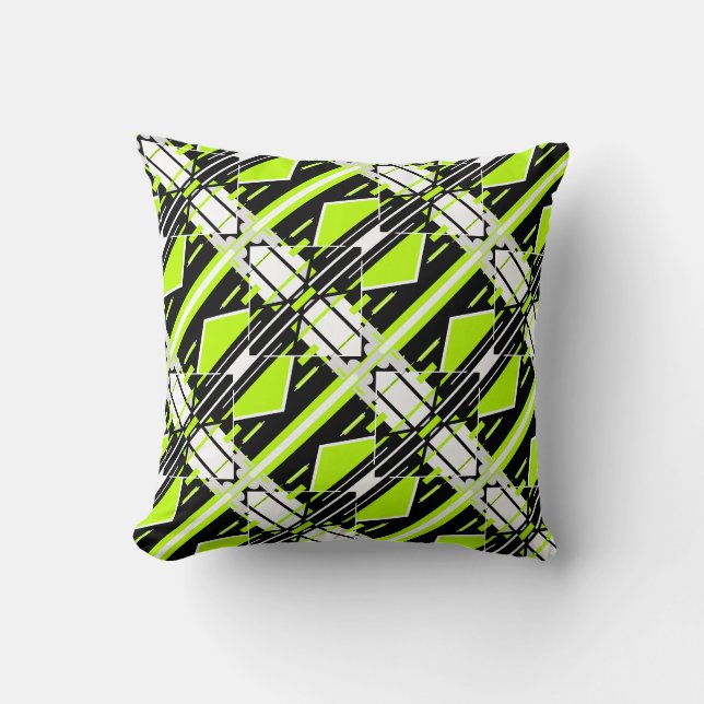 Lime Green Schwarz-weiß Diagonal Geometric Design Kissen (Vorderseite)