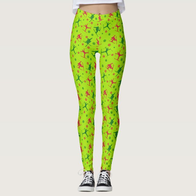 Lime Green Ski Tricks Muster Weihnachten Leggings (Vorderseite)