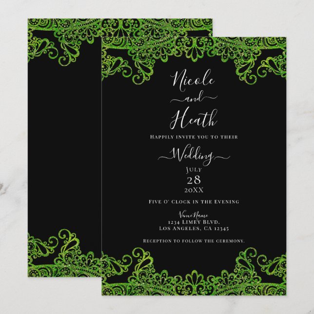 Lime Green Sparkle Glitzer Lace Black Wedding Einladung (Vorne/Hinten)
