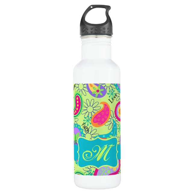Lime Green Turquoise Modern Paisley Monogram Edelstahlflasche (Vorderseite)