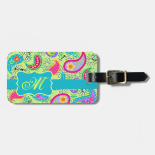 Lime Green Turquoise Modern Paisley Monogram Gepäckanhänger