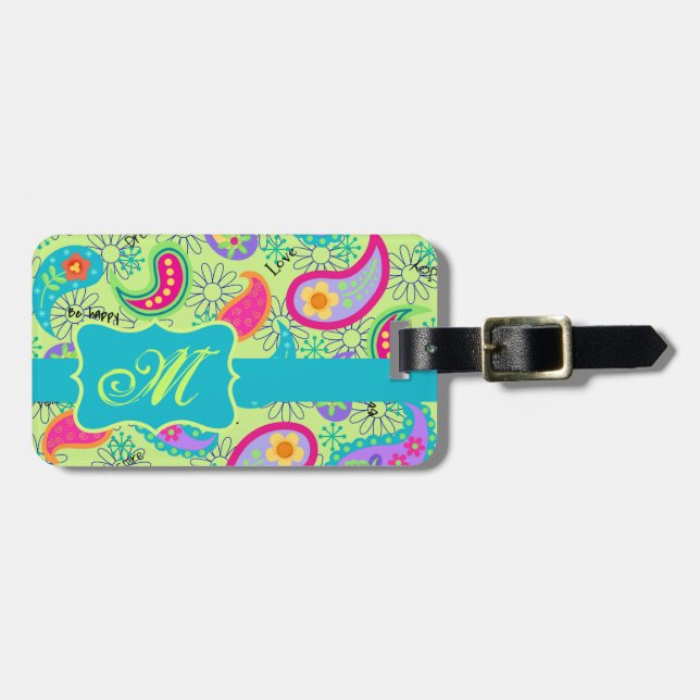 Lime Green Turquoise Modern Paisley Monogram Gepäckanhänger (Vorderseite horizontal)