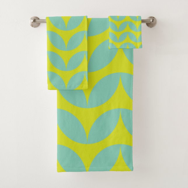 Lime Green und Aqua Blue Retro Leaf Muster Badhandtuch Set (Insitu)