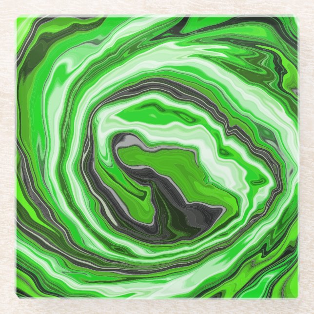 Lime Green und Black Marmor wie Wirbel Fluid Art Glasuntersetzer (Vorderseite)