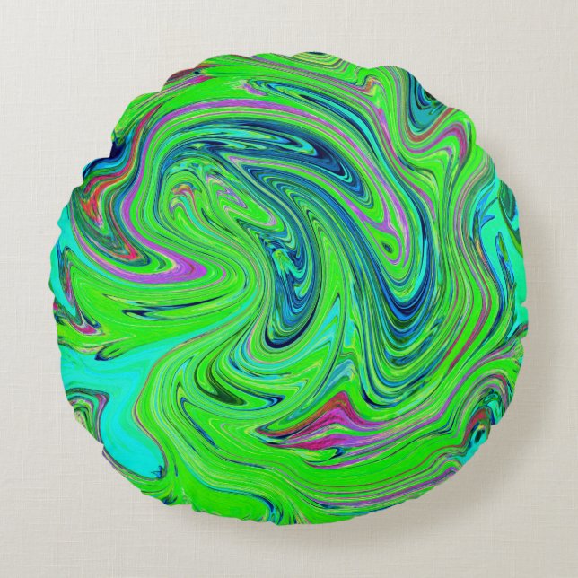 Lime Green und Blue Groovy Abstrakt Retro Art Rundes Kissen (Vorderseite)