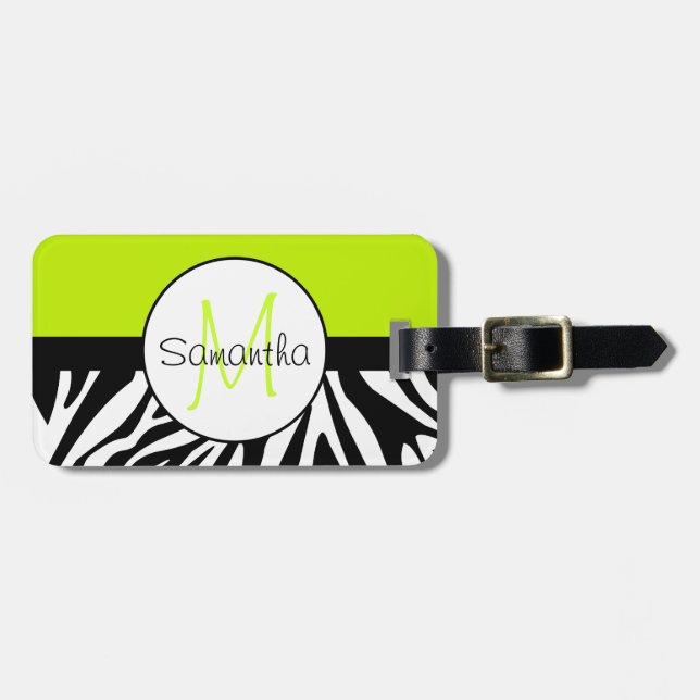 Lime Green und Zebra Animal Print Custom Monogram Gepäckanhänger (Vorderseite horizontal)