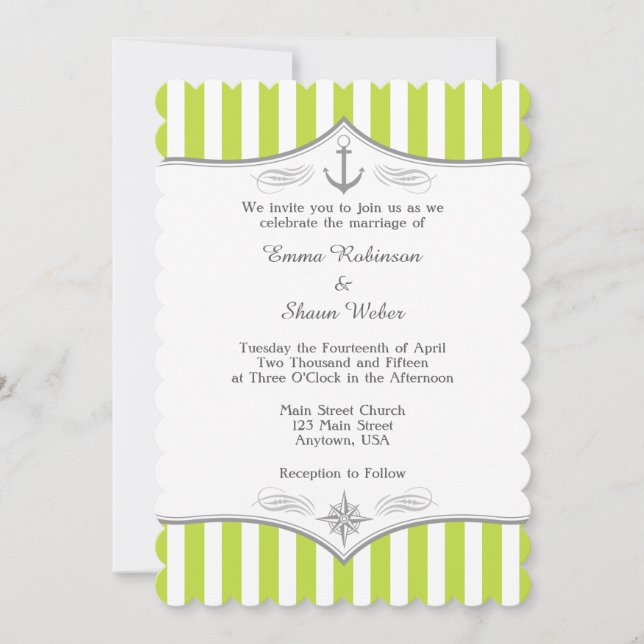 Lime Green White Gray Nautical Wedding Einladung (Vorderseite)