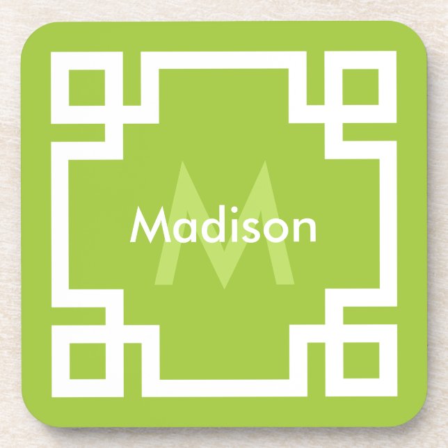 Lime Green White Greece Key Monogram Getränkeuntersetzer (Vorderseite)