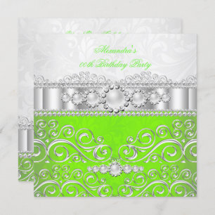 Lime Green White Silver Lace Pearl Birthday Party Einladung