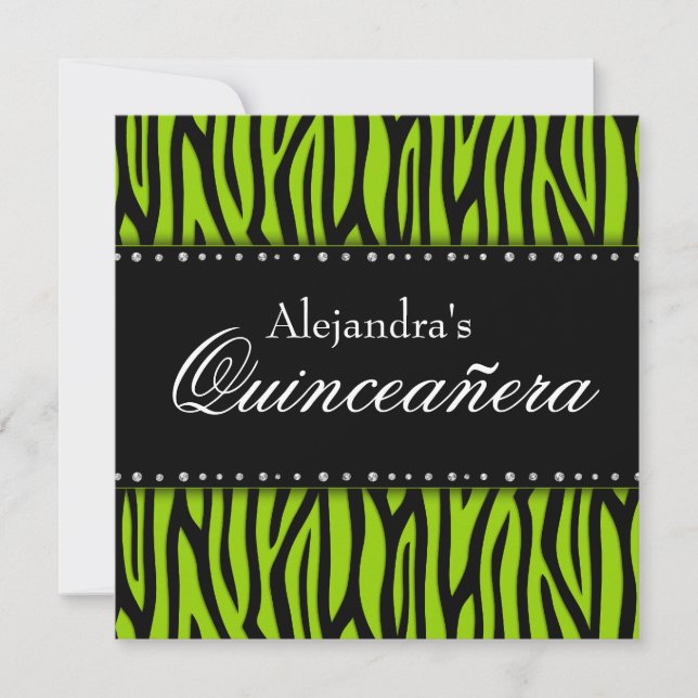 Lime Green Zebra Diamonds Quinceanera Einladung (Vorderseite)