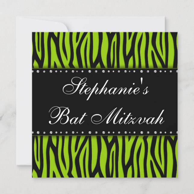 Lime Green Zebra Printed Diamonds Bat Mitzvah Einladung (Vorderseite)