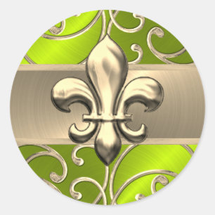 Lime- und Gold-Filigran-Swirlen Fleur de Lis Runder Aufkleber