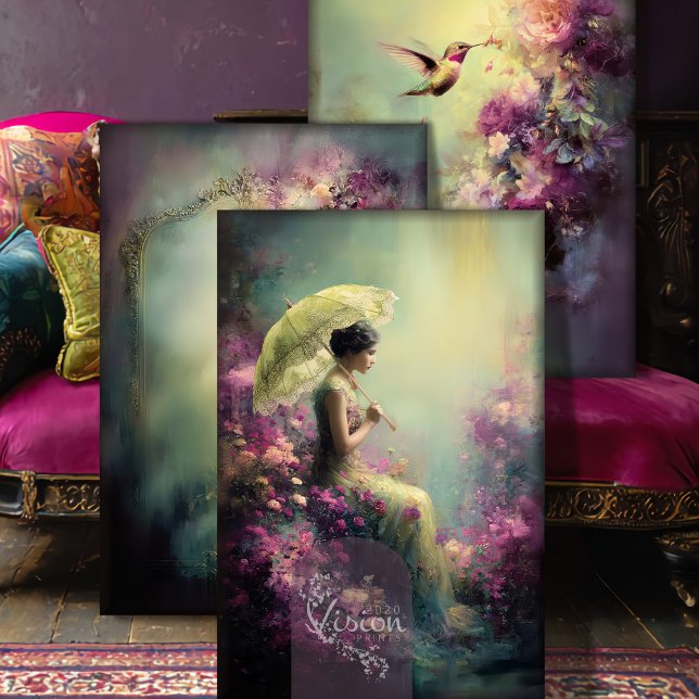 Lime Whispers Ethereal Portrait Bird & Floral Geschenkpapier Set (Lime Whispers Heavyweight Decoupage, Elegant Portrait Ethereal Bird & Floral Craft Paper.)