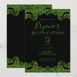 Limegrüner Glitter-Schwarzer Quinceañera Einladung