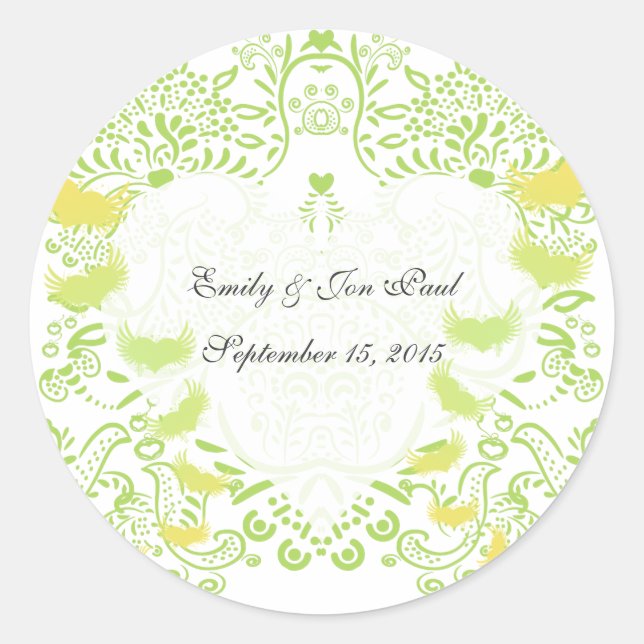 Limette Green Whimsical Love Birds Hochzeitsticker Runder Aufkleber (Vorderseite)